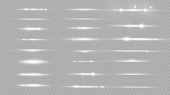 Set of white horizontal lens flares. Laser beams, horizontal light beams. Glow transparent vector set of light effects, explosion, glitter, spark, solar flare