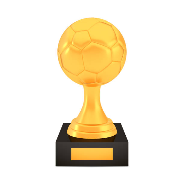 istock Winner football cup award on stand with empty plate, golden trophy logo isolated on white background 1279942135