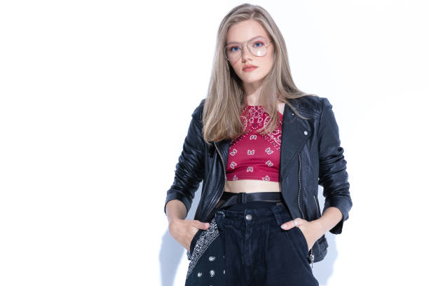 istock Motivated fashion model holding both hands in pockets 1279942319