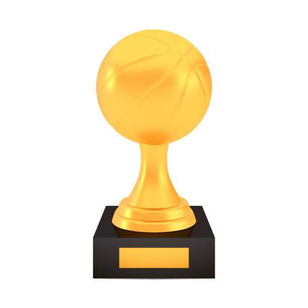 istock Winner basketball cup award on stand with empty plate, golden trophy logo isolated on white background 1279942862