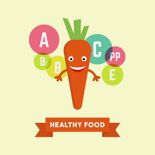 istock Funny cartoon smiling carrot with vitamins flying bubbles colorful vector illustration in flat style, healthy food carrot character face design element for your infographic 1279943328