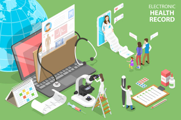 illustrations, cliparts, dessins animés et icônes de illustration conceptuelle isométrique de vecteur plat 3d d’illustration de dse - dossier de santé électronique. - dossier médical