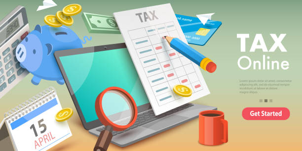ilustraciones, imágenes clip art, dibujos animados e iconos de stock de ilustración conceptual vectorial 3d del informe de impuestos financieros. - tax form tax backgrounds finance