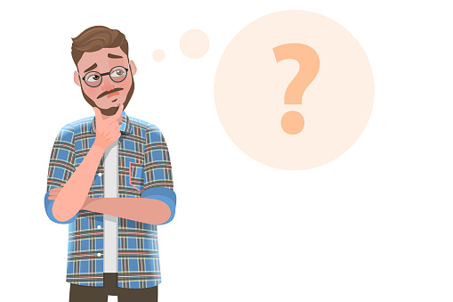 3D Flat Vector Conceptual Illustration of Handsome Bearded Man is Thinking with Question Mark Next to Him.
