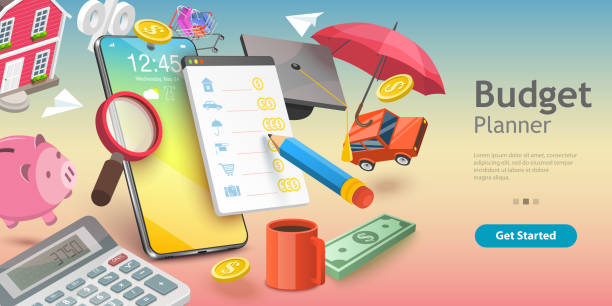 3D Vector Conceptual Illustration of Family Budget Management. 3D Vector Conceptual Illustration of Family Budget Management, Mobile App for Financial Calculations and Planning. tax backgrounds stock illustrations