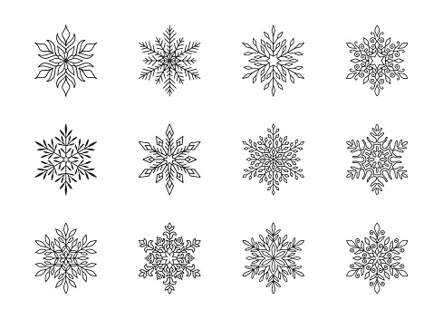 Christmas snowflakes collection isolated on white background. Cute hand drawn snow icons with intricate silhouette. Nice line doodle decorative element for New year banner, cards or ornament.