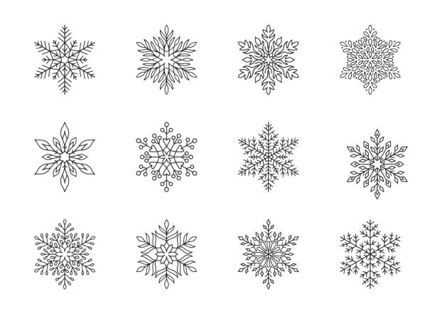 ilustraciones, imágenes clip art, dibujos animados e iconos de stock de colección de copos de nieve de navidad aislada sobre fondo blanco. bonitos iconos de nieve dibujados a mano con silueta intrincada. bonito elemento decorativo de garólo de línea para estandarte de año nuevo, tarjetas u ornamento - intricacy snowflake pattern winter