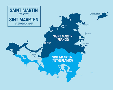 Saint Martin island, France. Overseas territory, French antilles. Sint Maarten island, Netherlands.  Detailed political vector map with isolated regions, cities and islands, easy to ungroup.