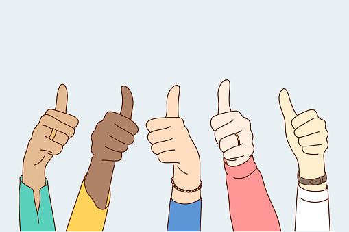 Success, approval, goal achievement, multiethnicity concept. Group multiethnic people happy clients hands showing approving ok sign or confirm with thumbs up. High level quality product customer rate.