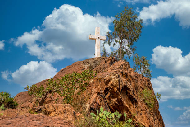 White cross on hill in top of May Shum, Queen Of Sheba Swimming Pool, Aksum Ethiopia