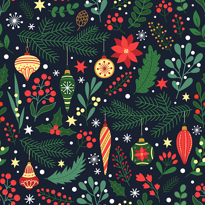 Seamless Christmas pattern with hand drawn decoration elements. Perfect for backgrounds, wrapping paper, scrapbooking, decor for  greeting cards, invitations, etc.