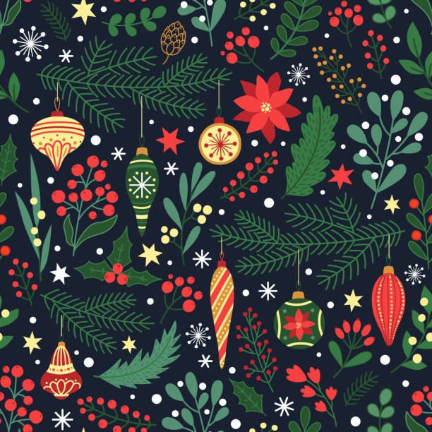 Seamless Christmas pattern. Seamless Christmas pattern with hand drawn decoration elements. Perfect for backgrounds, wrapping paper, scrapbooking, decor for  greeting cards, invitations, etc. snowflake shape illustrations stock illustrations