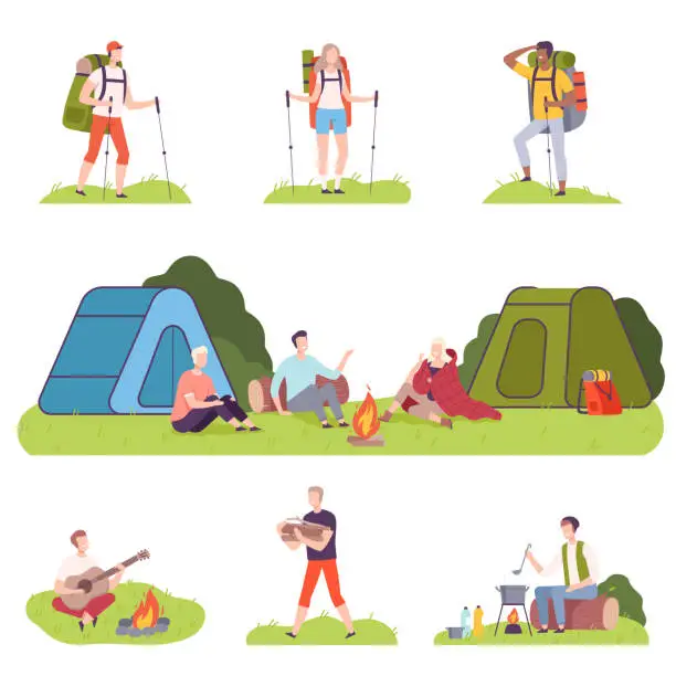 Vector illustration of People Characters with Backpacks Hiking and Camping Vector Illustration Set