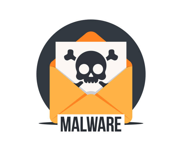 マルウェア、ベクターアイコンを持つ電子メール。ウイルス、マルウェア、電子メール詐欺、電子メールスパム、フィッシング詐欺、ハッカー攻撃の概念。感染ファイルでメールエンベロー� - network security security e mail computer点のイラスト素材／クリップアート素材／マンガ素材／アイコン素材