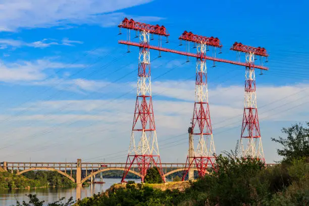 High voltage power line across the Dnieper river on Khortytsia island in Zaporizhia, Ukraine