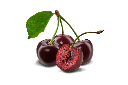 Three whole dark red sweet cherry fruits with green leaf and one cutted in half isolated on white background. Palatable ripe berries with pleasant aroma. Summer harvest. Close up, copy space