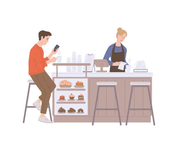 kawiarnia z baristą przy kasie i ilustracją wektorową do picia kawy - occupation white background young adult bartender stock illustrations
