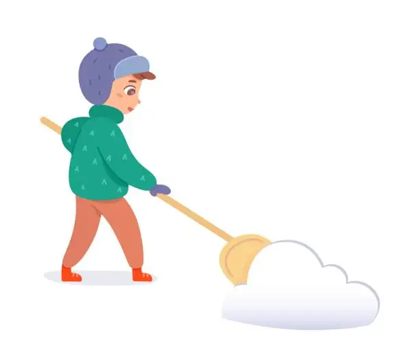 Vector illustration of Kid cleaning road from snow. Boy helps with housework activity removing fallen snow to clear path. Childhood helper in winter vector illustration. Child with spade on white background