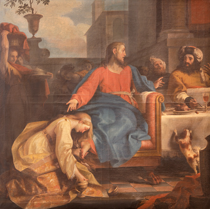 Ravenna - The painting of scene The Supper Of Jesus By Simon The Pharisee from the chruch Chiesa di Santa Maria Maddalena by Tommaso Maria Sciacca (1734 - 1795).