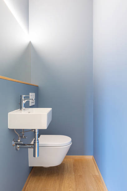 istock Front view of modern light blue bathroom with sink, mirror and led light 1279953898