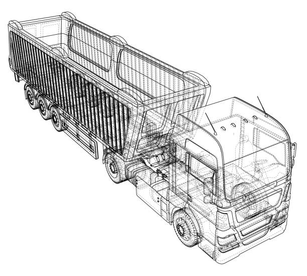 istock Truck with trailer vector. Isolated on white. Vehicle mockup. Created illustration of 3d. Wire-frame. 1279954153