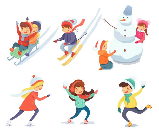 겨울 세트에 눈으로 재미를 아이들. 크리스마스 날이나 새해에 놀고 귀여운 행복한 아이들. 축하 시즌 활동 벡터 일러스트. 스키, 스노우맨, 스케이트, 눈덩이, 건물 - playground snow winter little girls stock illustrations