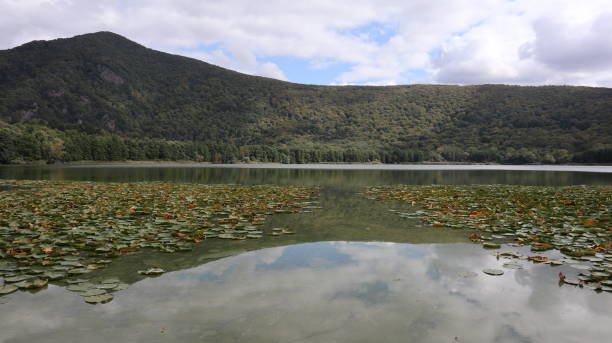 monticchio - panorama sur le lac grande - lake volcano volcanic crater riverbank photos et images de collection