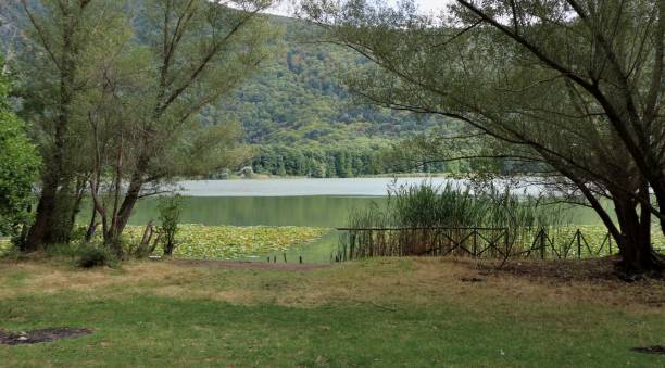 monticchio - grand lac glimpse - lake volcano volcanic crater riverbank photos et images de collection