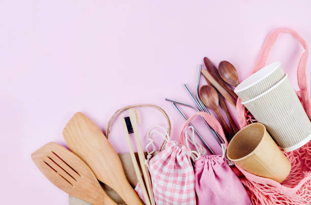 istock eco bags, bamboo toothbrush, reusable straws and recycled tableware 1279955665