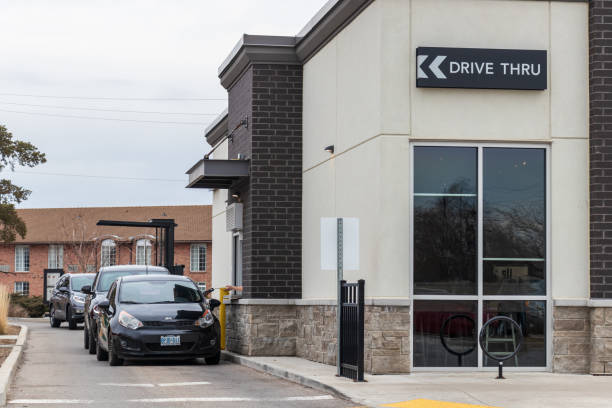 Cars Lined Up at a Brantford Starbucks Drive Thru stock photo