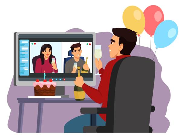 People celebrating at online video call. Communication via computer screen vector illustration. Man with friends on birthday with balloons, cake and drinking champagne. Virtual digital meeting People celebrating at online video call. Communication via computer screen vector illustration. Man with friends on birthday with balloons, cake and drinking champagne. Virtual digital meeting. virtual birthday celebration stock illustrations
