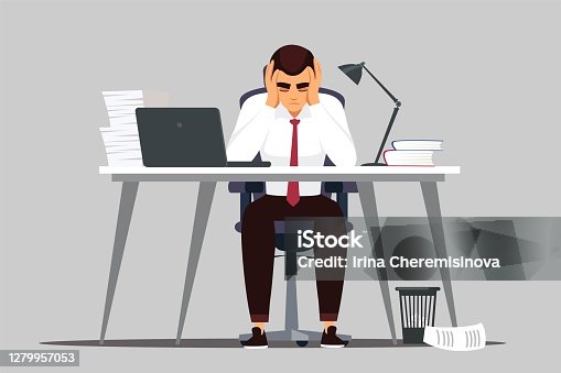 istock Business man in crisis at office. Businessman in fear reacts to failure or news at work. Finance disaster in business, employee scared of bankruptcy and losing money vector illustration 1279957053