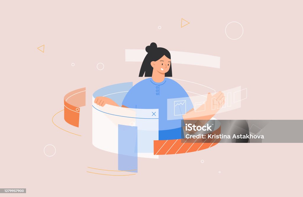 Designing Developing and programming technologies concept. Woman programmer or designer working in program. Flat style vector illustration. Designing Developing and programming technologies concept. Woman programmer or designer working in program. Application Programming Interface stock illustration