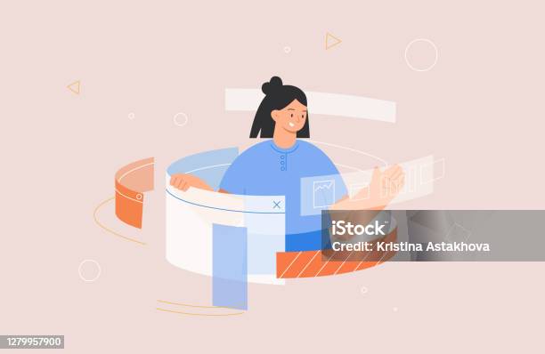 Designing Developing And Programming Technologies Concept Woman Programmer Or Designer Working In Program Flat Style Vector Illustration Stock Illustration - Download Image Now