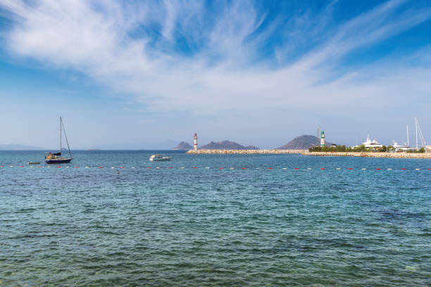 Turgutreis Lighthouse at sunny day in Bodrum, Turkey.