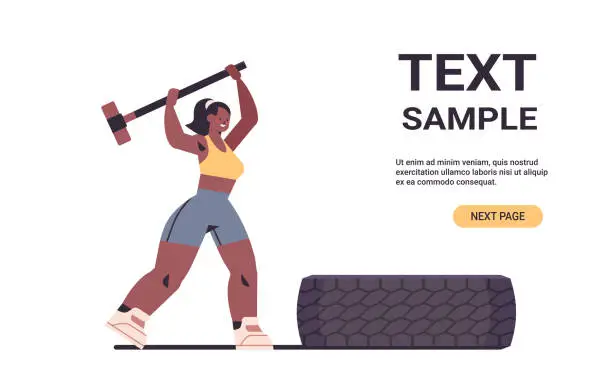 Vector illustration of sportswoman hitting tire with hummer girl doing hard exercises working out in gym fitness training