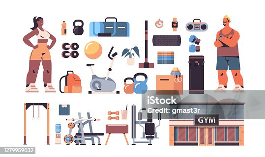istock mix race couple in sportswear with different equipment gym tools set fitness training healthy lifestyle concept 1279959032