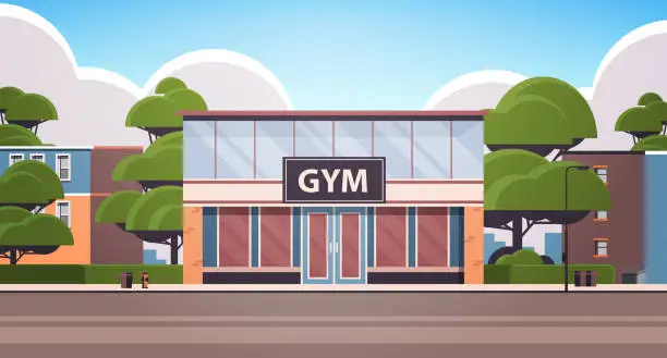 Vector illustration of no people sport gym exterior fitness training healthy lifestyle concept sport studio building facade