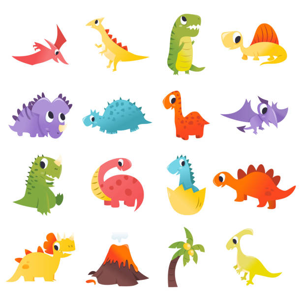 illustrazioni stock, clip art, cartoni animati e icone di tendenza di set dinosauri cartone animato super carino - stegosauro