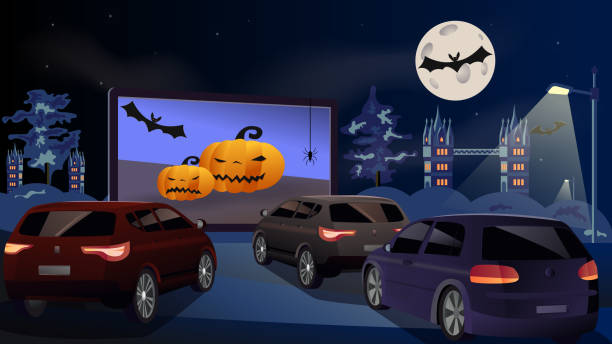 ilustraciones, imágenes clip art, dibujos animados e iconos de stock de espacio abierto teatro automático. cine en coche. los coches al aire libre están viendo una película en la pantalla de cine. concepto de halloween, con calabaza, arañas, murciélago, luna llena. vector - bat moon outdoors nature