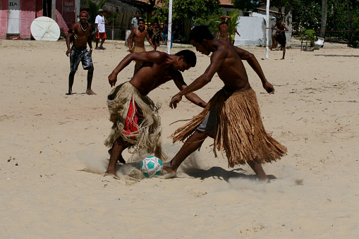 santa cruz cabralia, bahia / brazil - april 20, 2008: Pataxo Indians participate in a soccer match during the indigenous games in the Coroa Vermelha village, in the municipality of Santa Cruz Cabralia.