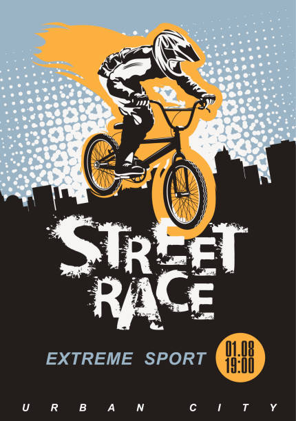 ilustrações de stock, clip art, desenhos animados e ícones de banner on the theme of a bicycle street race - bmx cycling bicycle street jumping
