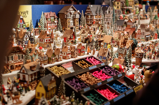 Decorations in shape of little houses on Gendarmenmarkt Christmas market stall