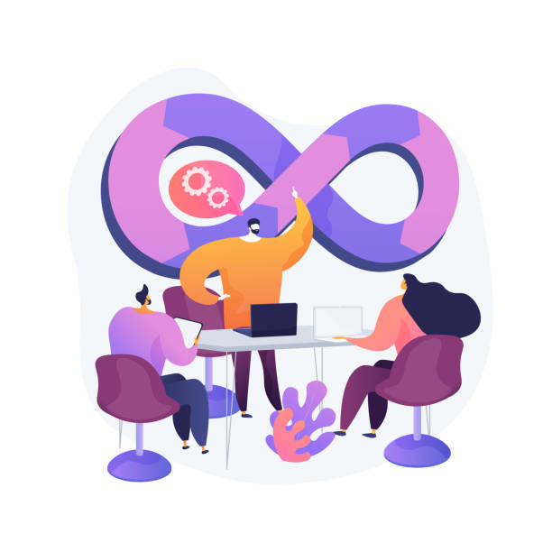 DevOps team abstract concept vector illustration. DevOps team abstract concept vector illustration. Software development team member, agile workflow, DevOps team model, IT teamwork, project management, integrated practice abstract metaphor. agile workflow stock illustrations
