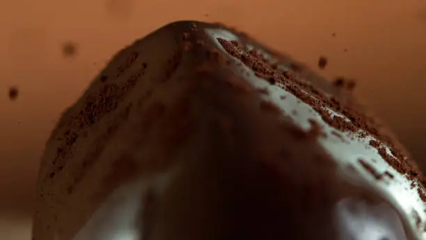 Detail of praline with falling cocoa powder on top. Studio macro shot.