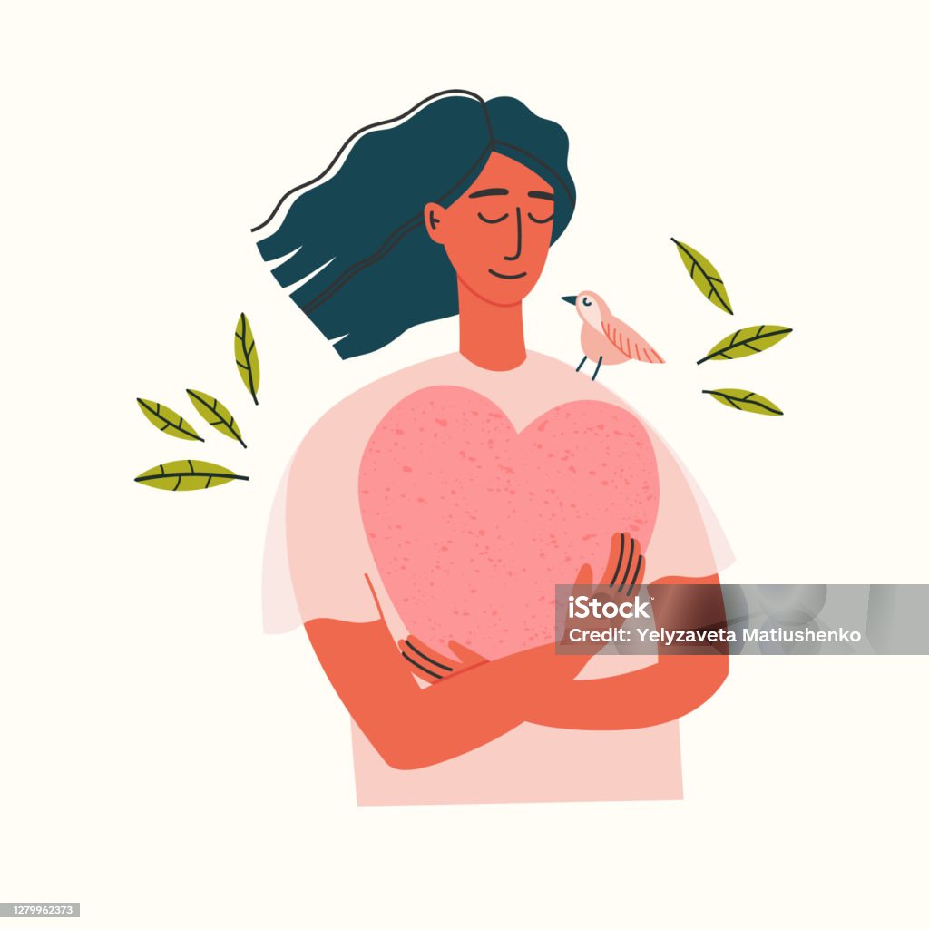 Vector illustration of a girl portrait. Girl in blue pants and beige blouse holding a heart. - Royalty-free Amor-próprio arte vetorial
