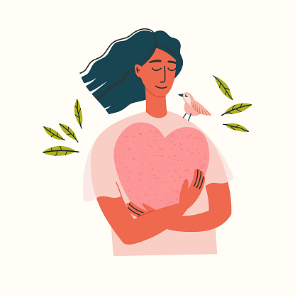 Vector illustration of a girl portrait. Girl in blue pants and beige blouse holding a heart. Hand-drawn illustration of mental health. Self-love. Peace of mind.