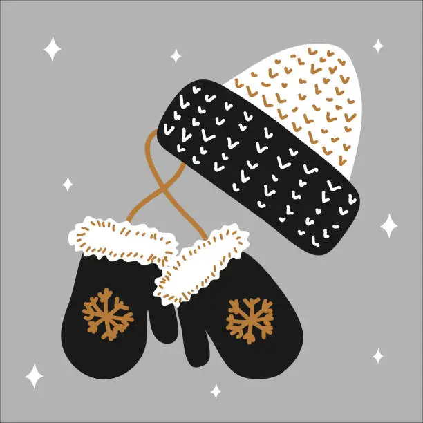 Vector illustration of Christmas traditional winter hat and mitten mittens with snowflakes in scandinavian hand drawn style - gold, silver, black. Vector illustration, simple object, square format. Suitable for social media