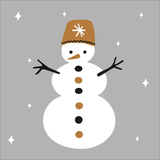 Vector illustration of Christmas traditional snowman with hat on a white background with snowflakes in scandinavian hand drawn style in gold, silver, black colors. Vector illustration, simple bright object, square format.