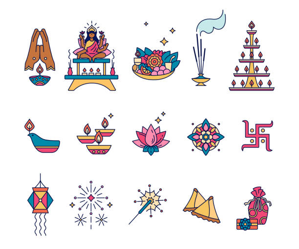 zestaw liniowych ikon do świętowania diwali. deepawali, festiwal świateł - indyjskie tradycyjne symbole, styl konturu - swastyka hinduska stock illustrations